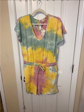 Hem & Thread Tie-Dye Short Sleeve Romper in Yellow, Green & Pink